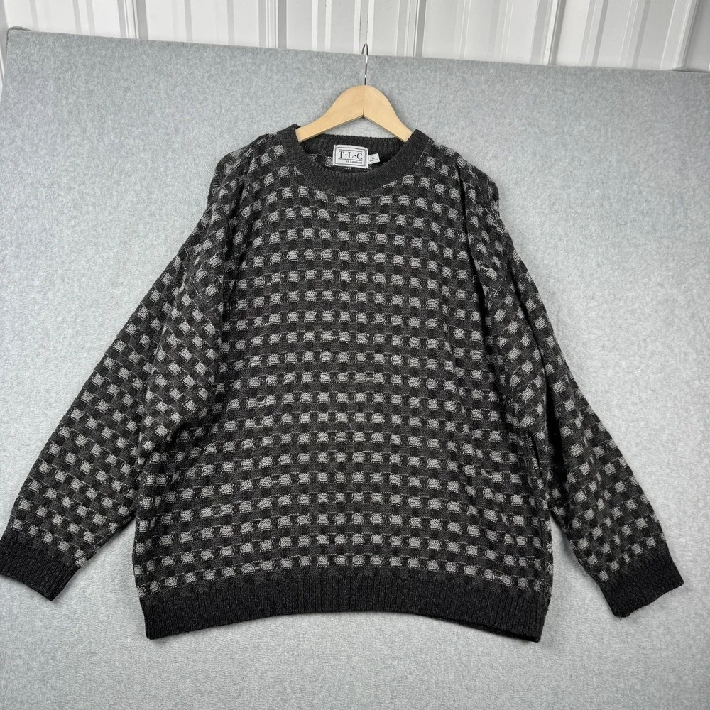 VTG TLC by Lambert Sweater Mens XL Gray Checkerboard Textured Knit USA Grandpa